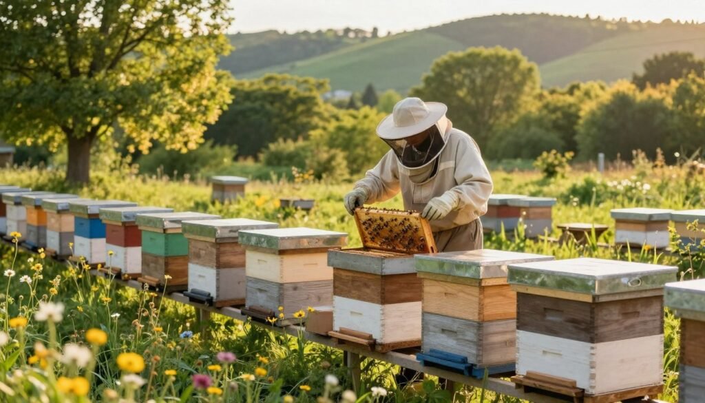 A serene landscape depicting long-term sustainability in beekeeping, with a foreground featuring vibrant wildflowers and a modern apiary, where multiple beehives are arranged harmoniously. In the middle ground, a beekeeper, dressed in modest protective clothing and a veil, carefully inspects a hive, showcasing the connection between humans and nature. The background includes lush greenery, vibrant trees, and rolling hills, bathed in soft, warm sunlight that creates a tranquil and inviting atmosphere. The lighting is golden hour, casting long shadows and enhancing the natural colors. The overall mood is peaceful, reflecting the harmony of sustainable practices in beekeeping, emphasizing the importance of environmental stewardship and biodiversity.