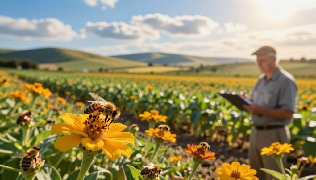 A serene landscape depicting the intricate process of pollination in an agricultural setting. In the foreground, vibrant flowers in full bloom attract a variety of bees, illustrating their crucial role in pollination. The middle ground features a diverse farm with crops, highlighting the interconnectedness of agricultural contracts. Include a soft-focus farmer in professional attire, observing the pollination process with a clipboard, symbolizing the evaluation of contractual clauses. In the background, rolling hills under a bright blue sky reflect an optimistic mood, with golden sunlight filtering through the clouds, creating a warm and inviting atmosphere. Capture the scene with a wide-angle lens to emphasize depth and detail, ensuring an overall sense of harmony between nature and agriculture. A serene landscape depicting the intricate process of pollination in an agricultural setting. In the foreground, vibrant flowers in full bloom attract a variety of bees, illustrating their crucial role in pollination. The middle ground features a diverse farm with crops, highlighting the interconnectedness of agricultural contracts. Include a soft-focus farmer in professional attire, observing the pollination process with a clipboard, symbolizing the evaluation of contractual clauses. In the background, rolling hills under a bright blue sky reflect an optimistic mood, with golden sunlight filtering through the clouds, creating a warm and inviting atmosphere. Capture the scene with a wide-angle lens to emphasize depth and detail, ensuring an overall sense of harmony between nature and agriculture.