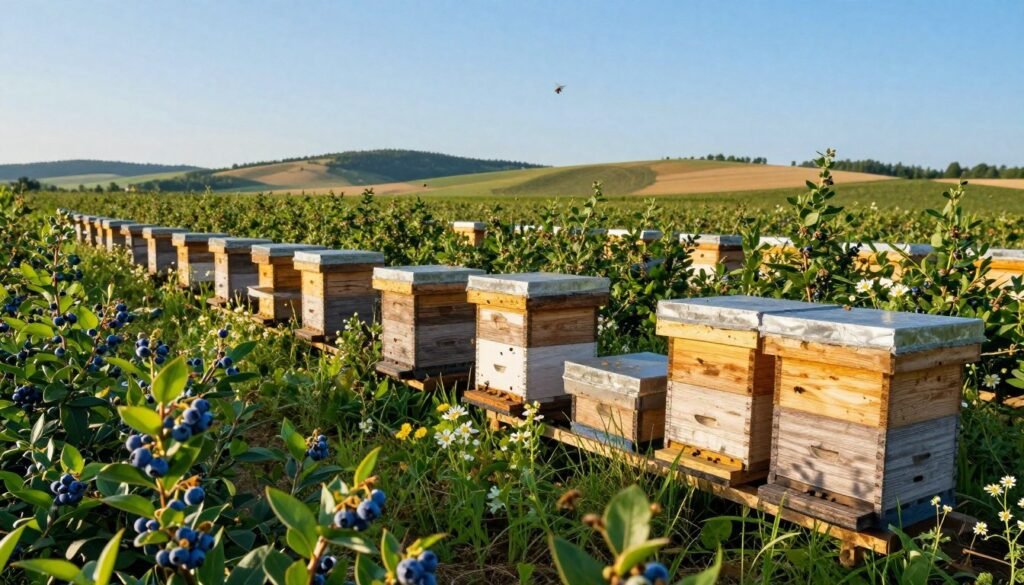A serene landscape featuring several apiaries with honey bee hives strategically placed around lush blueberry fields. In the foreground, vibrant blueberry plants with ripe fruit glistening in sunlight. The middle ground showcases neatly arranged wooden hives with bees actively flying around them, surrounded by wildflowers. In the background, rolling hills and a clear blue sky add depth to the scene. The sunlight casts a warm glow over the entire area, creating a tranquil atmosphere. Captured with a wide-angle lens to emphasize the expanse of the fields and the hives' arrangement. The mood is peaceful and productive, reflecting an ideal environment for enhancing blueberry yields through strategic hive placement. No text or people are present, ensuring the focus remains on the hives and crops. A serene landscape featuring several apiaries with honey bee hives strategically placed around lush blueberry fields. In the foreground, vibrant blueberry plants with ripe fruit glistening in sunlight. The middle ground showcases neatly arranged wooden hives with bees actively flying around them, surrounded by wildflowers. In the background, rolling hills and a clear blue sky add depth to the scene. The sunlight casts a warm glow over the entire area, creating a tranquil atmosphere. Captured with a wide-angle lens to emphasize the expanse of the fields and the hives' arrangement. The mood is peaceful and productive, reflecting an ideal environment for enhancing blueberry yields through strategic hive placement. No text or people are present, ensuring the focus remains on the hives and crops.