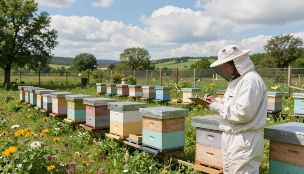 A serene landscape showcasing a beekeeper in a protective suit, carefully observing a cluster of isolated beehives in a green quarantine yard. In the foreground, the beekeeper is holding a clipboard, jotting notes while examining the hives, which are painted in soft pastel colors. In the middle ground, a row of neatly arranged wooden beehives sits under a bright blue sky filled with fluffy white clouds. The hives are surrounded by flowering plants that attract bees, enhancing the vibrant atmosphere. In the background, a fence encloses the yard, with a distant view of lush trees and rolling hills. Soft, natural lighting casts gentle shadows, creating a calm and focused mood, ideal for monitoring and managing the colonies effectively.