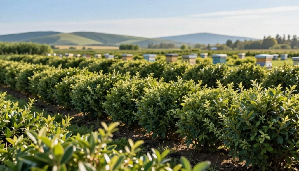 A serene landscape showcasing a buffer zone of non-flowering shrubs, meticulously arranged in layers. In the foreground, lush green leaves and dense foliage of various shrubs like boxwood and privet provide a natural barrier, their textures highlighted by soft morning light. In the middle ground, the shrubs create a continuous, tranquil backdrop. The background features a blurred panorama of a sunny pollination yard, dotted with beehives and the distant silhouette of gentle rolling hills under a bright blue sky. The scene captures a peaceful mood, emphasizing the importance of these shrubs in reducing pollination drift. The angle is slightly elevated, ensuring a comprehensive view of the buffer zone as well as the pollination area, with all elements harmoniously integrated.