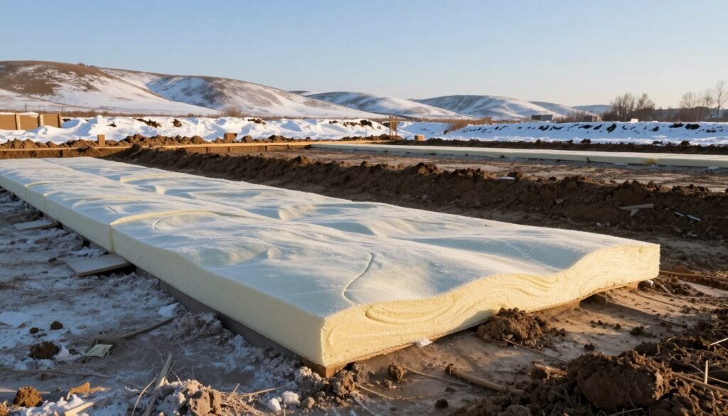 A serene landscape showcasing a frost protection ground designed for foundation installation. In the foreground, a well-laid layer of insulation material, like foam boards, can be seen, carefully placed to protect against frost penetration. The middle ground features a partially exposed foundation, illustrating proper depth and frost footing, surrounded by earth that appears compact yet slightly moist. In the background, there are gently rolling hills dusted with snow, under a clear blue sky that suggests a crisp winter day. Soft sunlight casts warm, golden hues across the scene, highlighting the textures of the insulation and earth. The overall mood is calm and professional, capturing the essence of construction readiness amid chilly conditions.