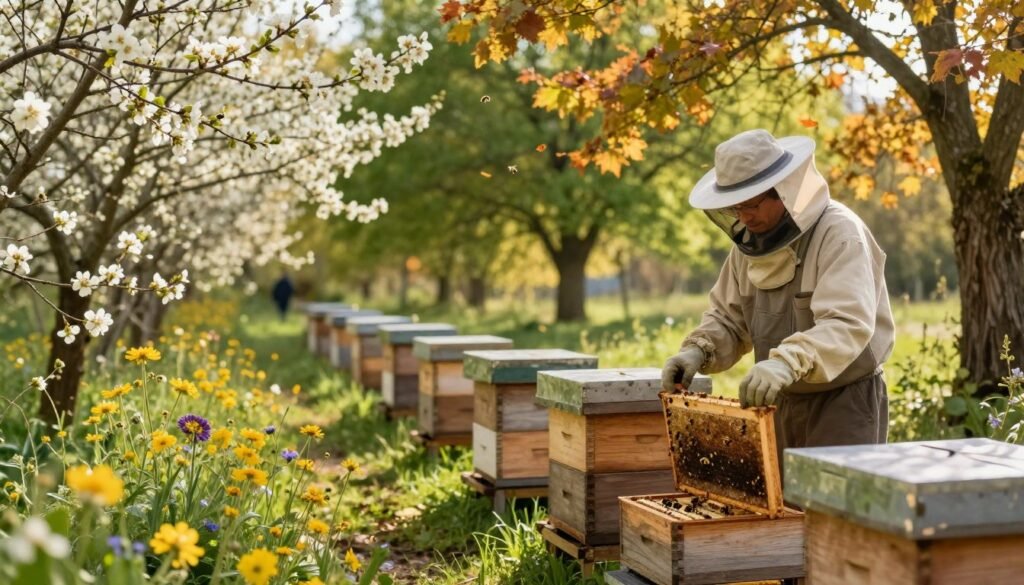 A serene landscape showcasing seasonal changes in a beekeeping environment. In the foreground, a peaceful apiary featuring wooden beehives, with a few bees buzzing around blossoms from vibrant wildflowers. In the middle ground, a beekeeper in modest casual clothing inspects a hive, displaying an attentive and caring demeanor. The background transitions through the seasons, with blooming spring flowers on one side, lush summer greenery in the center, and autumn leaves gently falling on the other. Soft, golden sunlight filters through the trees, casting warm, dappled shadows on the ground. The atmosphere is tranquil and harmonious, reflecting the delicate balance of nature and the importance of adapting beekeeping practices to seasonal changes.