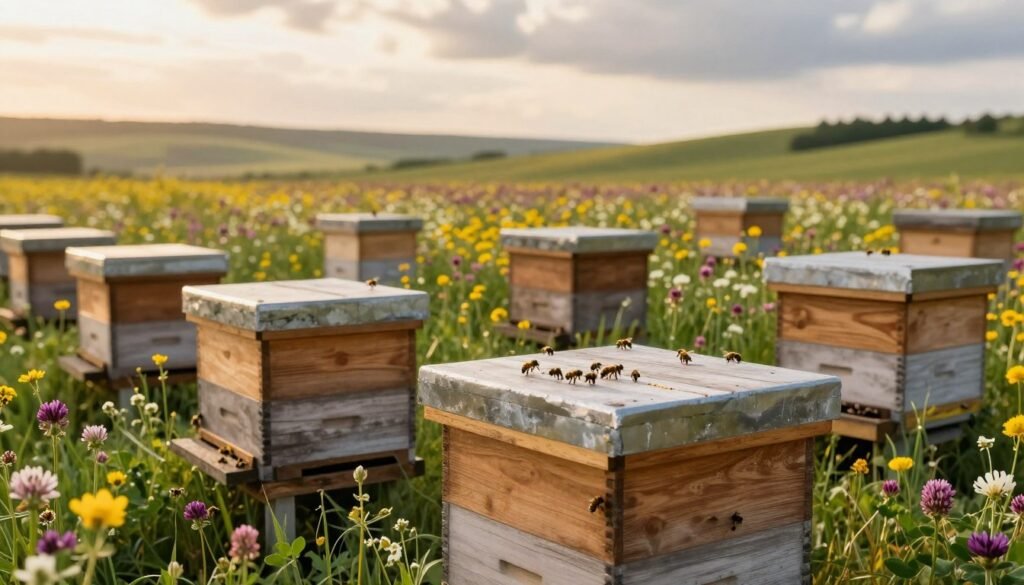 A serene landscape showcasing several well-organized bee hives situated among vibrant wildflower fields. In the foreground, focus on a few bee hives with a natural wooden finish, slightly weathered from time. Bees are actively buzzing around the hives, illustrating their vital role in pollination. In the middle ground, colorful blossoms such as clover and alfalfa serve as an attractive backdrop, emphasizing the importance of seed crop pollination. Soft, golden sunlight filters through gentle clouds, casting a warm and inviting glow over the scene. The background features softly rolling hills, enhancing the tranquility of the rural setting. The overall mood is calm and industrious, reflecting the harmony of nature and agricultural practices, captured from a slight elevation angle for a comprehensive view.