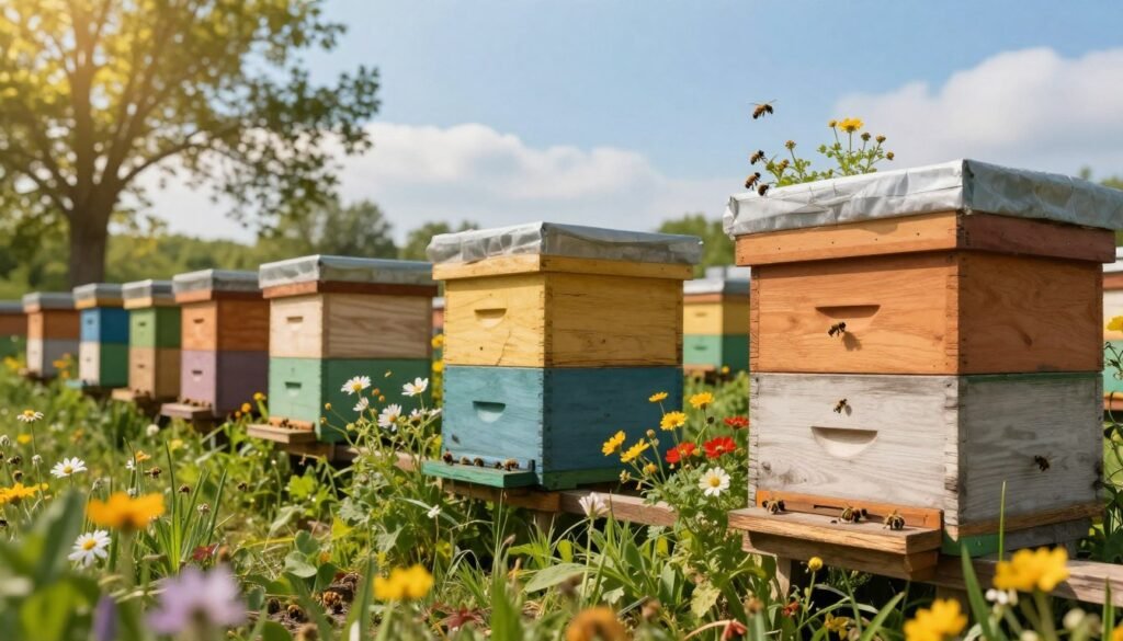A serene landscape showcasing sustainable beehives nestled within a thriving apiary. In the foreground, vividly colored wooden hives painted in earthy tones, designed with natural materials and adorned with flowering plants. In the middle ground, lush greenery with vibrant wildflowers attracting pollinators, along with bees actively gathering nectar around the hives. The background features a clear blue sky with soft, golden sunlight filtering through the leaves, creating a warm, inviting atmosphere. Emphasize a sense of harmony between nature and beekeeping, capturing the essence of sustainability. The angle is slightly elevated, offering a comprehensive view of the apiary's ecosystem, with a focus on the details of the hives.