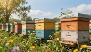 A serene landscape showcasing sustainable beehives nestled within a thriving apiary