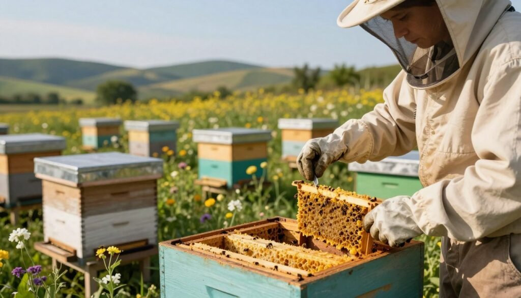 A serene, lush apiary scene depicting the process of propolis harvesting. In the foreground, a beekeeper dressed in a light-colored, modest outfit, wearing protective gloves and a veil, carefully extracts propolis from a top bar hive using a small tool. The middle ground showcases multiple top bar hives nestled among blooming flowers and green foliage, with bees buzzing around busily. The background features a soft-focus landscape of rolling hills under a clear blue sky, with warm sunlight casting gentle shadows. The atmosphere conveys a sense of harmony with nature and the dedicated craftsmanship involved in propolis collection, highlighting the richness of natural materials. The image should have a warm, inviting light, captured from a slightly elevated angle to provide depth. A serene, lush apiary scene depicting the process of propolis harvesting. In the foreground, a beekeeper dressed in a light-colored, modest outfit, wearing protective gloves and a veil, carefully extracts propolis from a top bar hive using a small tool. The middle ground showcases multiple top bar hives nestled among blooming flowers and green foliage, with bees buzzing around busily. The background features a soft-focus landscape of rolling hills under a clear blue sky, with warm sunlight casting gentle shadows. The atmosphere conveys a sense of harmony with nature and the dedicated craftsmanship involved in propolis collection, highlighting the richness of natural materials. The image should have a warm, inviting light, captured from a slightly elevated angle to provide depth.