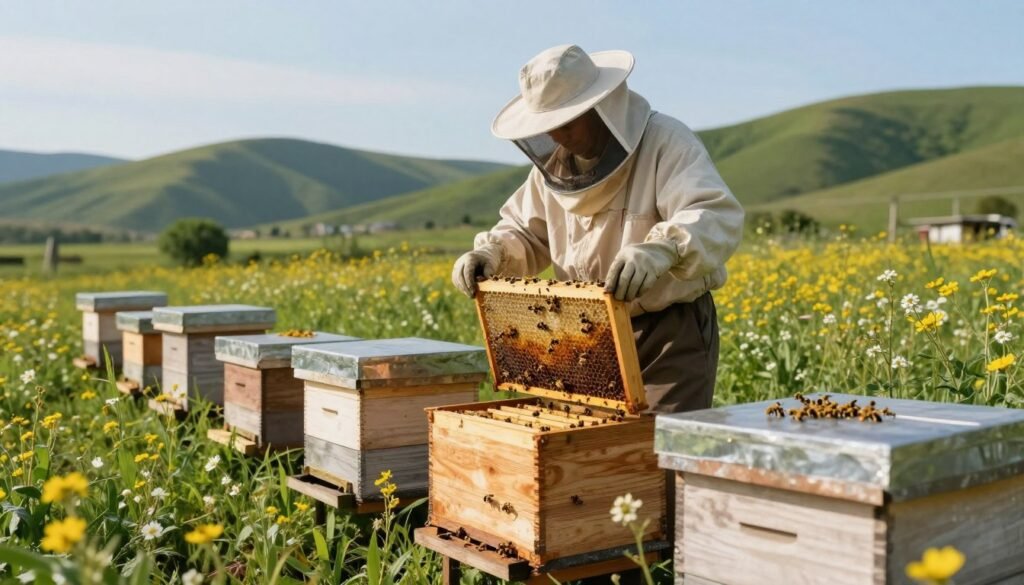 A serene, natural scene depicting a small, thriving apiary set in a lush green landscape with wildflowers blooming. In the foreground, healthy beehives constructed from untreated wood are surrounded by bees actively pollinating the flowers. The middle ground features a beekeeper, wearing a protective suit and veil, gently inspecting the frames with care and focus, symbolizing a commitment to organic methods. The background shows vibrant hills under a clear blue sky, suggesting a healthy ecosystem. The lighting is soft and warm, creating an inviting and peaceful atmosphere that emphasizes harmony with nature. The angle is slightly elevated, providing a comprehensive view of the apiary and surrounding flora, evoking a sense of hope and sustainability in beekeeping practices.