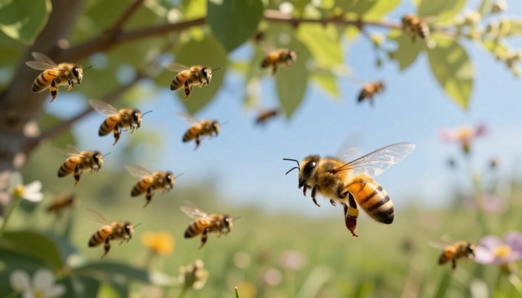 A serene nature scene depicting a queen bee in the foreground, elegantly flying during her mating flight, surrounded by a cloud of eager drones. The queen's delicate, iridescent wings are prominently displayed, glistening in the soft, golden sunlight filtering through a lush green canopy overhead. In the middle ground, a swarm of male bees gracefully swirls, highlighting their striking black and yellow stripes, conveying motion and vitality. The background features gently blurred wildflowers and leaves, creating a harmonious blend of colors. The atmosphere is vibrant yet peaceful, evoking the onset of springtime. Use a shallow depth of field to focus on the bees while softly blurring the background, enhancing the intimate connection between the queen and her suitors. Capture this moment from a slightly low angle to emphasize the grandeur of the queen’s flight against a clear, blue sky.