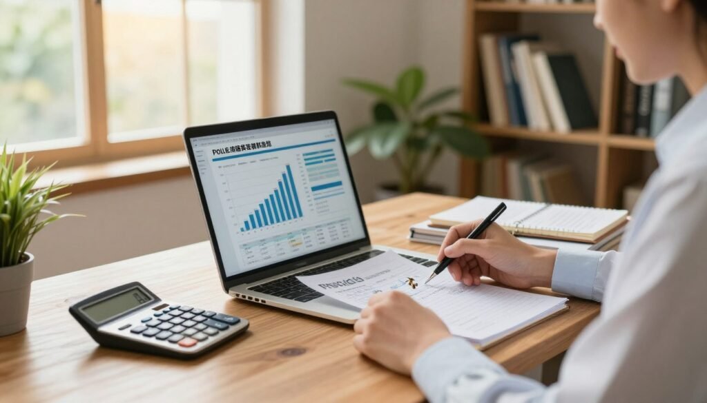 A serene office environment featuring a professional business person analyzing budget spreadsheets related to a pollination service liability insurance program for beekeepers. In the foreground, a neatly arranged wooden desk with a laptop displaying financial graphs and documents, alongside a calculator and a notepad filled with handwritten notes. The middle ground shows an open window allowing warm, natural light to illuminate the scene, creating an inviting atmosphere. In the background, a bookshelf filled with books on finance, insurance, and beekeeping, hinting at knowledge and industry expertise. A potted plant adds a touch of nature, suggesting a connection to the agricultural aspects of beekeeping. The overall mood is focused and proactive, emphasizing the importance of budgeting responsibly for insurance needs.