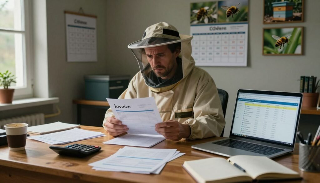 A serene office environment with a wooden desk in the foreground, cluttered with papers, a calculator, and a laptop displaying a payment dashboard. In the middle ground, a concerned beekeeper in professional attire, visibly stressed, holds a document labeled "Invoice." Dim, natural light from a window casts soft shadows, enhancing the mood of urgency and tension. The background features a calendar marked with overdue dates and a wall with framed photos of bees and hives, symbolizing the beekeeping trade. Subtle details like a half-empty coffee cup and an open notebook add to the atmosphere of managing late payments and accounts receivable challenges. The image should evoke a sense of responsibility and the complexities of financial management.