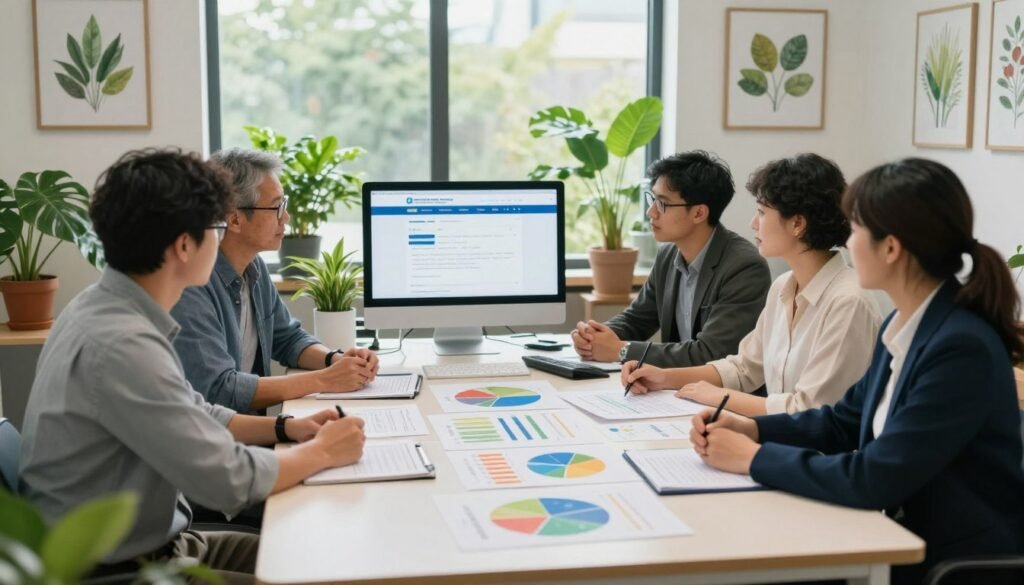 A serene office setting filled with vibrant greenery to symbolize pollination. In the foreground, a diverse group of professionals, dressed in smart casual attire, are engaged in discussion around a large table covered with colorful charts and data sheets about allergy records. The middle ground features a bright computer screen displaying the National Allergy Bureau's website, while a large window in the background lets in soft, natural light, illuminating the room. Framed botanical illustrations and a potted flower enhance the atmosphere of knowledge and creativity. The mood is collaborative and informative, with an emphasis on accurate record-keeping and resource utilization during pollination season. The image should depict a well-organized and productive environment, showcasing teamwork and dedication to public health awareness.