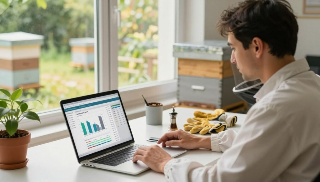A serene office setting where a beekeeper, dressed in professional attire, sits at a modern desk focused on a laptop displaying a digital tool for automating pre-harvest interval calculations. In the foreground, a close-up of the laptop screen shows graphs and data related to beekeeping management. The middle layer depicts the beekeeper, intently analyzing the digital report while a potted plant and beekeeping equipment like gloves and a smoker rest nearby. In the background, a window reveals a sunny garden with beehives, emphasizing the harmony between nature and technology. Soft, natural lighting floods the space, creating a productive and innovative atmosphere, with warm tones enhancing the scene's professionalism and calmness. A serene office setting where a beekeeper, dressed in professional attire, sits at a modern desk focused on a laptop displaying a digital tool for automating pre-harvest interval calculations. In the foreground, a close-up of the laptop screen shows graphs and data related to beekeeping management. The middle layer depicts the beekeeper, intently analyzing the digital report while a potted plant and beekeeping equipment like gloves and a smoker rest nearby. In the background, a window reveals a sunny garden with beehives, emphasizing the harmony between nature and technology. Soft, natural lighting floods the space, creating a productive and innovative atmosphere, with warm tones enhancing the scene's professionalism and calmness.