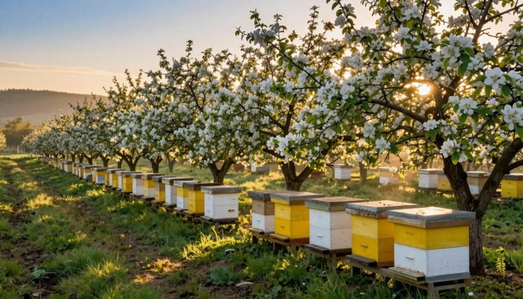 A serene orchard scene at dawn, capturing the gentle glow of the morning sun filtering through blossoming fruit trees, creating dappled shadows on the ground. In the foreground, a neatly arranged line of bee hives is nestled beneath the trees, showcasing their vibrant colors of yellow and white. The midground displays lush greenery, with bees buzzing energetically around the hives, reflecting the lively morning atmosphere. The background features distant hills bathed in soft golden hues, while the sky transitions from pale blue to warm orange. The scene should evoke a sense of calm and balance, emphasizing the harmony between sunlight and shade, with soft natural lighting and a focus on capturing the tranquility of the orchard at this time of day. A serene orchard scene at dawn, capturing the gentle glow of the morning sun filtering through blossoming fruit trees, creating dappled shadows on the ground. In the foreground, a neatly arranged line of bee hives is nestled beneath the trees, showcasing their vibrant colors of yellow and white. The midground displays lush greenery, with bees buzzing energetically around the hives, reflecting the lively morning atmosphere. The background features distant hills bathed in soft golden hues, while the sky transitions from pale blue to warm orange. The scene should evoke a sense of calm and balance, emphasizing the harmony between sunlight and shade, with soft natural lighting and a focus on capturing the tranquility of the orchard at this time of day.