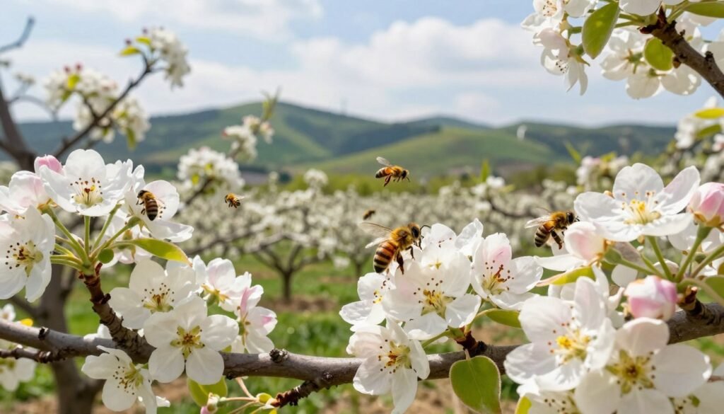 A serene orchard scene depicting pear and plum trees in full bloom, showcasing the intricate strategies of pollination. In the foreground, focus on vibrant white and pink blossoms, attracting bees and butterflies, emphasizing their roles in pollination. In the middle ground, a diverse array of pollinators, such as honeybees and bumblebees, can be seen actively moving between flowers, enhancing the sense of activity and life. The background features rolling green hills under a soft blue sky with gentle clouds, conveying a bright and sunny atmosphere. The lighting is soft and natural, reminiscent of a warm spring day, with sun rays filtering through the petals. The perspective is slightly elevated, capturing the beauty and complexity of the ecosystem.
