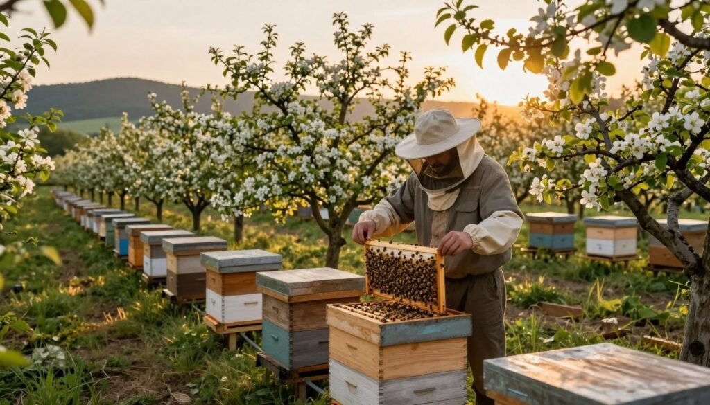 A serene orchard setting at dusk, showcasing a well-organized bee colony thriving under the gentle glow of the golden hour. In the foreground, a beekeeper in modest casual clothing inspects a wooden hive, using a frame filled with active bees to illustrate the colony's energy management. In the middle ground, lush fruit trees laden with blossoms contrast with the busy foraging bees, emphasizing the synergy between the hives and the orchard. The background features soft, rolling hills against a warm-hued sky, with sunlight filtering through leaves, casting dappled shadows on the ground. The overall mood conveys harmony and efficiency, reflecting the interplay of nature and diligent beekeeping practices. Use a wide-angle lens for depth and a soft focus to enhance tranquility in the scene. A serene orchard setting at dusk, showcasing a well-organized bee colony thriving under the gentle glow of the golden hour. In the foreground, a beekeeper in modest casual clothing inspects a wooden hive, using a frame filled with active bees to illustrate the colony's energy management. In the middle ground, lush fruit trees laden with blossoms contrast with the busy foraging bees, emphasizing the synergy between the hives and the orchard. The background features soft, rolling hills against a warm-hued sky, with sunlight filtering through leaves, casting dappled shadows on the ground. The overall mood conveys harmony and efficiency, reflecting the interplay of nature and diligent beekeeping practices. Use a wide-angle lens for depth and a soft focus to enhance tranquility in the scene.