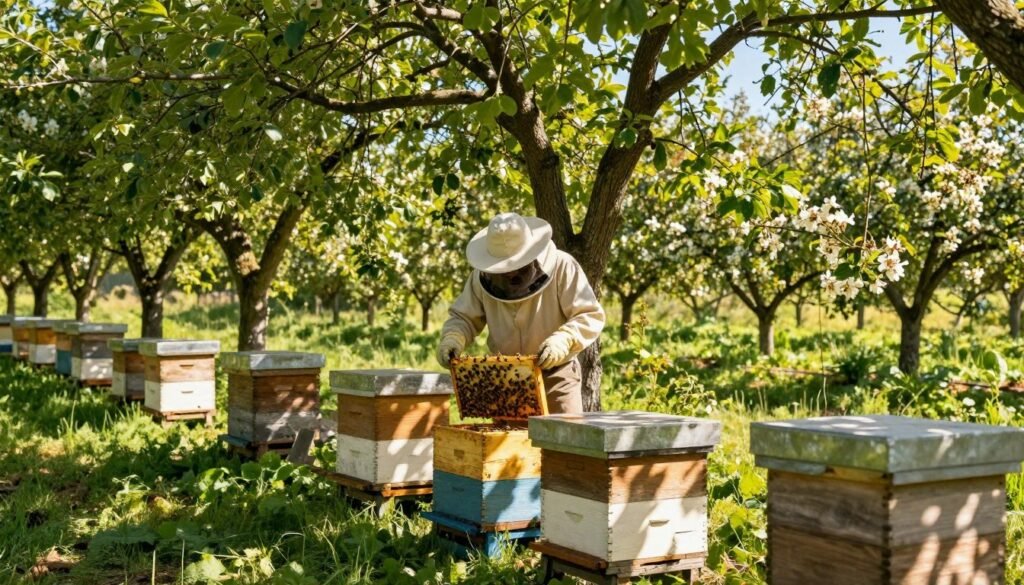 A serene orchard setting depicting multiple beehives strategically placed among tall, leafy trees, showcasing a peaceful environment for bees. In the foreground, a professional beekeeper, dressed in modest attire and wearing protective gear, inspects a hive from which swarms are effectively being prevented through environmental control. The middle ground features lush green foliage with dappled sunlight filtering through, creating a warm and inviting atmosphere. In the background, rows of vibrant fruit trees blossom under a clear blue sky, emphasizing the harmony between nature and apiculture. The lighting is soft and natural, highlighting the details of the hives and the surrounding landscape, with a shallow depth of field to ensure the focus remains on the beekeeper's careful work. A serene orchard setting depicting multiple beehives strategically placed among tall, leafy trees, showcasing a peaceful environment for bees. In the foreground, a professional beekeeper, dressed in modest attire and wearing protective gear, inspects a hive from which swarms are effectively being prevented through environmental control. The middle ground features lush green foliage with dappled sunlight filtering through, creating a warm and inviting atmosphere. In the background, rows of vibrant fruit trees blossom under a clear blue sky, emphasizing the harmony between nature and apiculture. The lighting is soft and natural, highlighting the details of the hives and the surrounding landscape, with a shallow depth of field to ensure the focus remains on the beekeeper's careful work.