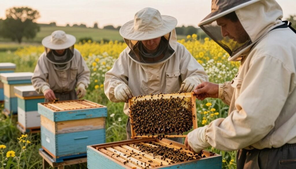 A serene outdoor apiary scene depicting beekeepers in modest casual clothing, carefully combining bee colonies before varroa treatment. In the foreground, two beekeepers are seen inspecting frames filled with buzzing bees, focusing on their gentle handling of the colonies. The middle ground features several hives with vibrant, healthy bees entering and exiting, while in the background, a picturesque landscape with blooming wildflowers and trees under soft golden hour lighting adds warmth to the atmosphere. The image captures a sense of teamwork and care for nature, with an emphasis on the beekeepers’ dedication to managing bee health. The overall mood is calm and focused, reflecting the important task at hand in a peaceful rural setting.