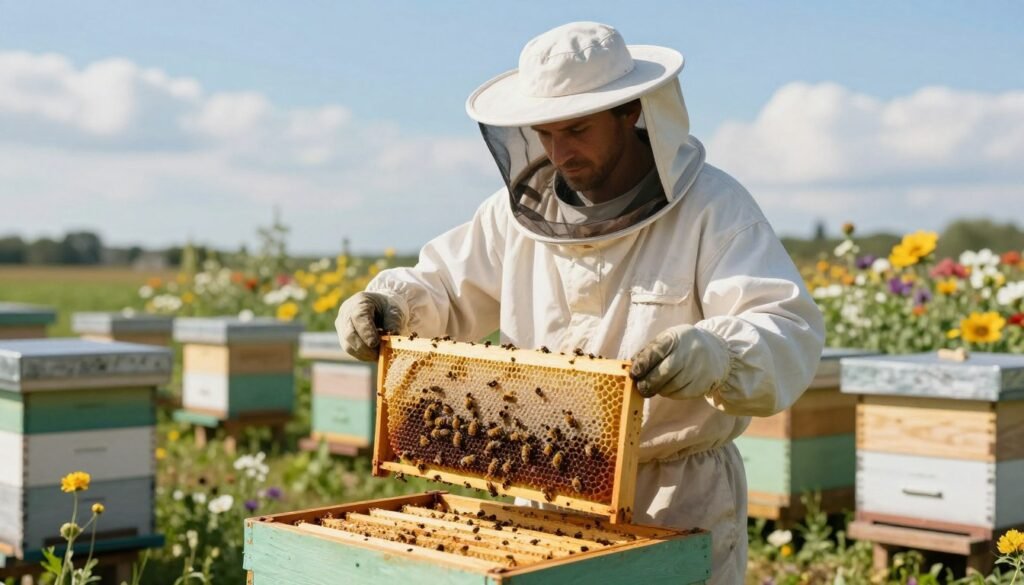 A serene outdoor apiary scene during a sunny day, centered on a professional beekeeper wearing a white suit and a veil, gently inspecting a beehive. In the foreground, the beekeeper holds a frame filled with healthy honeycomb, showcasing vibrant bees in action. The middle ground features multiple beehives surrounded by blooming flowers, symbolizing a natural environment. In the background, a clear blue sky with fluffy white clouds enhances the peaceful atmosphere. Soft, warm lighting casts gentle shadows, highlighting the intricate details of the frame and bees. The overall mood conveys harmony between chemical treatments and brood breaks, illustrating a proactive approach to varroa mite reduction in a safe and sustainable manner. A serene outdoor apiary scene during a sunny day, centered on a professional beekeeper wearing a white suit and a veil, gently inspecting a beehive. In the foreground, the beekeeper holds a frame filled with healthy honeycomb, showcasing vibrant bees in action. The middle ground features multiple beehives surrounded by blooming flowers, symbolizing a natural environment. In the background, a clear blue sky with fluffy white clouds enhances the peaceful atmosphere. Soft, warm lighting casts gentle shadows, highlighting the intricate details of the frame and bees. The overall mood conveys harmony between chemical treatments and brood breaks, illustrating a proactive approach to varroa mite reduction in a safe and sustainable manner.