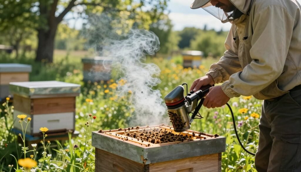 A serene outdoor apiary scene set in a lush green environment, featuring a small beekeeper in modest casual clothing, gently using a smoker to calm a busy bee hive. In the foreground, the smoker emits a gentle plume of white smoke, creating a sense of tranquility and control. The middle ground showcases the hive, teeming with bees, surrounded by vibrant wildflowers and gentle sunlight filtering through the trees. The background contains soft, blurred images of more hives and a clear blue sky, evoking a peaceful, productive atmosphere. The lighting is warm and natural, enhancing the organic beauty of the scene. The angle is slightly elevated, capturing the action of the beekeeper while focusing on the correct use of the smoker.