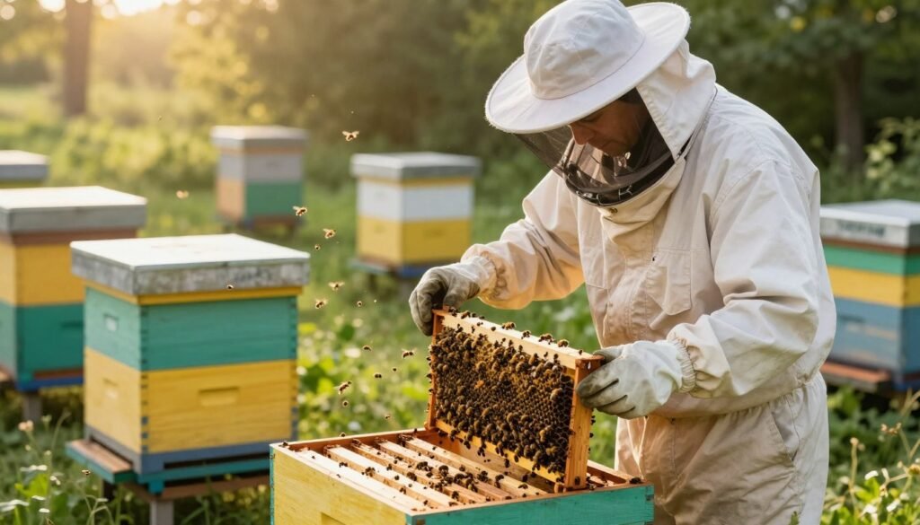A serene outdoor apiary scene showcasing a beekeeping expert in professional attire, gently inspecting a 5-frame nucleus hive. In the foreground, the expert, wearing a protective suit and veil, is carefully lifting a frame filled with bees, using white gloves. The middle ground features several vibrant hives with bees actively flying around, demonstrating a bustling yet harmonious environment. In the background, lush greenery and soft sunlight filter through the trees, creating a peaceful atmosphere. The lighting captures the warm glow of late afternoon, emphasizing the intricate details of the bees and the hive. This image evokes a mood of diligence and caution, highlighting safe and careful beekeeping practices while avoiding common pitfalls in expansion.