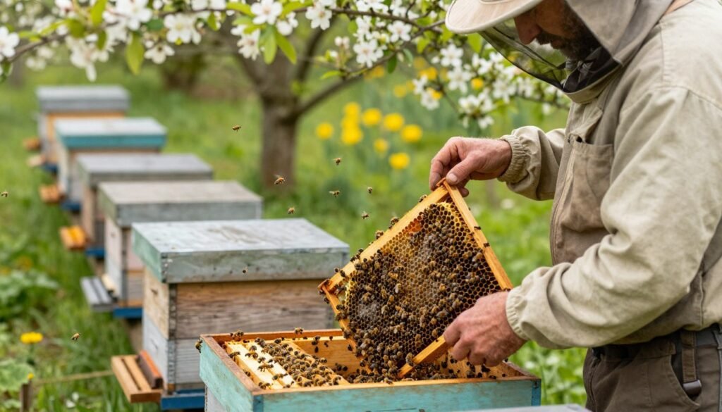 A serene outdoor apiary scene showcasing a small beekeeper in modest casual clothing inspecting a healthy hive with bees buzzing around. In the foreground, the beekeeper carefully examines hive frames filled with vibrant, active bees. The middle layer includes several hives arranged neatly in rows, each exhibiting signs of vitality with bees flying in and out. In the background, lush greenery and blossoming flowers enhance the atmosphere of a thriving ecosystem. Soft, natural lighting filters through the leaves, casting gentle shadows. The mood conveys a sense of care and responsibility, highlighting the importance of managing hive health and ensuring colony resilience. The composition focuses on the harmonious interplay of the beekeeper, the bees, and their environment.