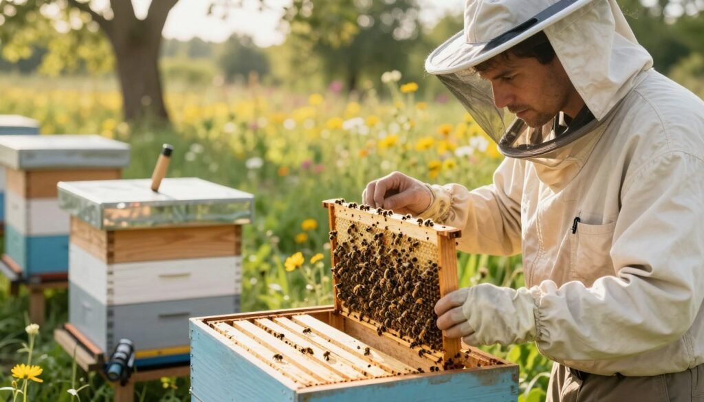 A serene outdoor beekeeping scene focused on troubleshooting challenges, featuring a beekeeper in professional attire inspecting a top bar hive. In the foreground, the beekeeper examines a frame with bees, showing a look of concentration and curiosity. The middle ground contains several top bar hives with clear details, set against a backdrop of vibrant wildflowers and greenery. Soft afternoon sunlight filters through the trees, casting gentle shadows and creating a warm, inviting atmosphere. A close-up of tools like a smoker and hive tool lies nearby, suggesting readiness for problem-solving. The overall mood is calm yet focused, reflecting the dedication of beekeeping while highlighting the importance of addressing challenges in this rewarding hobby.