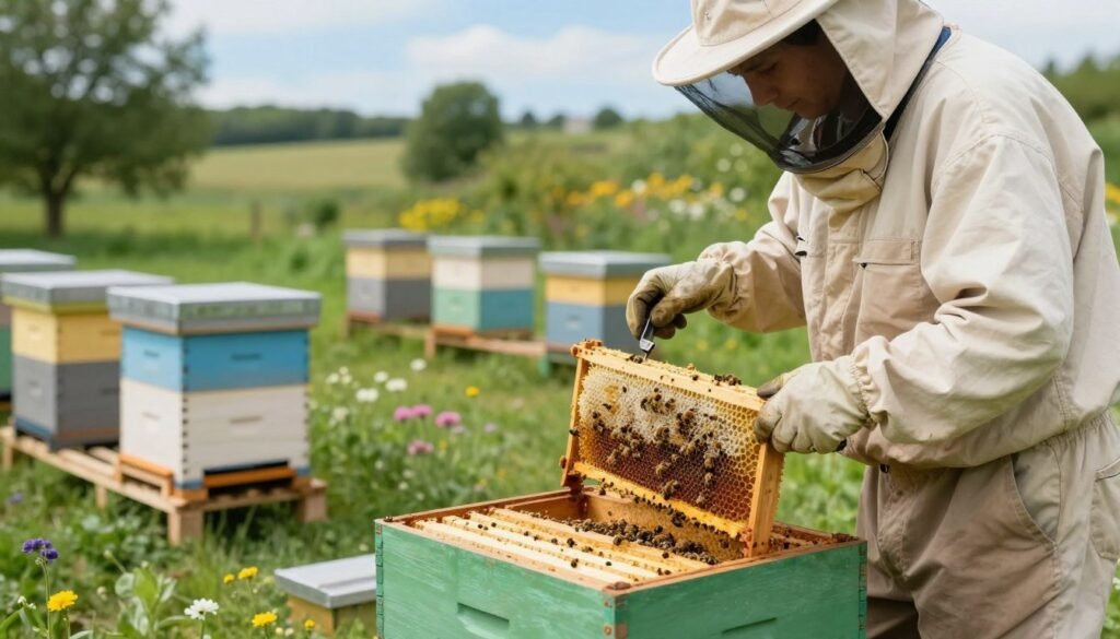 A serene outdoor beekeeping scene focusing on hive maintenance. In the foreground, a person in a modest, professional beekeeper outfit carefully inspects a beehive using specialized tools, revealing honeycomb and bees, showcasing meticulous attention to detail. In the middle ground, a well-organized yard is filled with multiple beehives arranged on durable wooden pallets, highlighting the contrast between these setups. The background features a lush, green landscape under a bright blue sky, creating a peaceful atmosphere. Soft, natural lighting enhances the vibrant colors of the hives and surrounding flowers, while a slight depth of field draws attention to the maintenance activities. The overall mood is focused and informative, emphasizing the importance of proper hive care and maintenance.