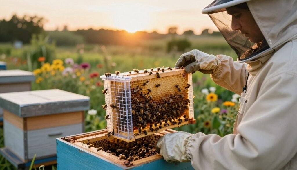 A serene outdoor beekeeping scene, highlighting the introduction of a mated queen bee into her new hive. In the foreground, a beekeeper in a light-colored protective suit, with a veil, carefully holds a small plastic queen introduction cage. The cage is designed with fine mesh, showcasing the new queen surrounded by attending worker bees. In the middle ground, the hive is open, revealing the intricately built honeycomb filled with bees interacting. The background features a lush garden with vibrant flowers, softly blurring into a warm sunset that bathes the scene in golden light, creating an atmosphere of calm and anticipation. The composition captures the delicate balance of nature and the essential role of beekeeping, with a focus on the harmonious relationship between the beekeeper and the bees.