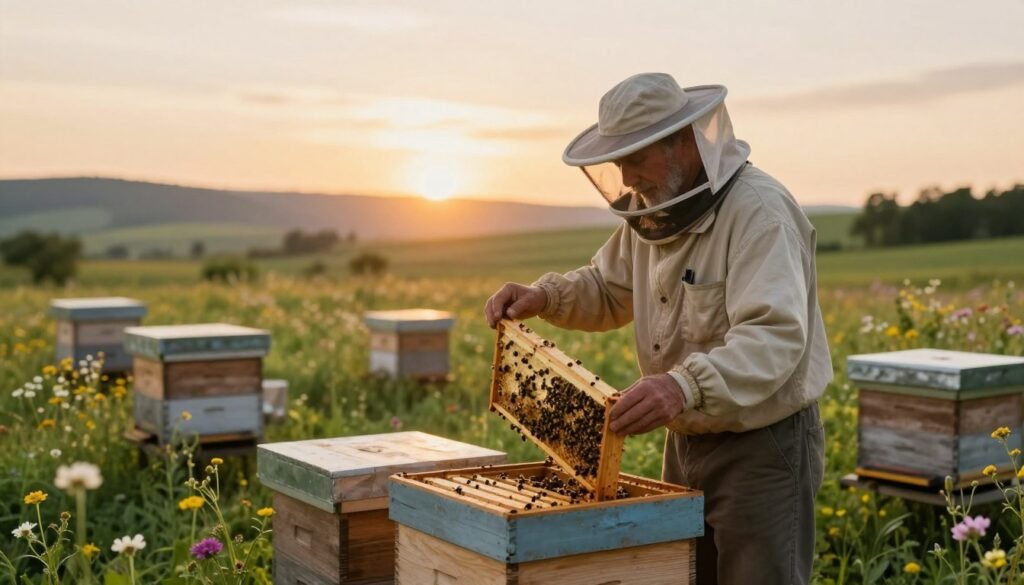 A serene outdoor landscape during golden hour, showcasing a seasoned beekeeper in modest casual clothing conducting a hive inspection. In the foreground, the beekeeper carefully lifts a frame from a wooden hive, revealing bees actively working. The middle ground features several beehives arranged in a lush meadow, with blooming wildflowers adding color. The background shows soft, rolling hills under a warm sunset sky, casting gentle light on the scene. The atmosphere is peaceful and focused, emphasizing the tranquil yet vital nature of inspecting hives. Use a soft focus lens to enhance the warmth of the sunlight and create a slight bokeh effect on the wildflowers, capturing the essence of an optimal hive inspection time.
