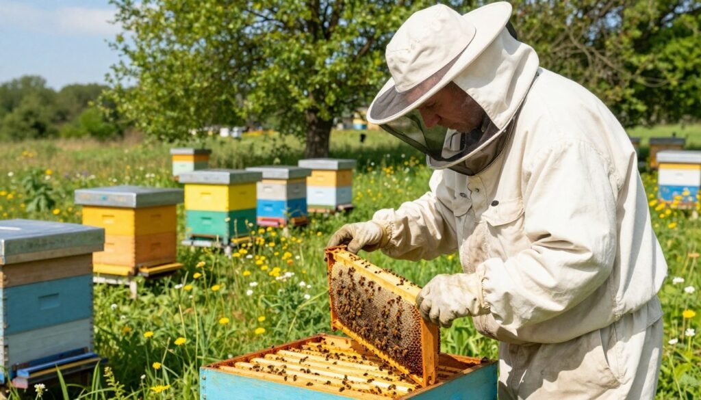 A serene outdoor scene depicting a beekeeper conducting a detailed inspection of a beehive. In the foreground, a focused beekeeper, dressed in a professional white beekeeping suit with a protective veil, carefully examines a framed section of the hive, showcasing honeycomb filled with bees. The middle ground features several vibrant beehives clustered in a sunlit meadow adorned with wildflowers. In the background, lush green trees and a clear blue sky add to the atmosphere, suggesting ideal weather conditions for inspections. Soft, natural lighting enhances the warmth of the scene, creating a peaceful and productive mood. The camera angle is slightly elevated, offering a comprehensive view of the inspection activity while emphasizing the harmonious relationship between nature and the beekeeping process. A serene outdoor scene depicting a beekeeper conducting a detailed inspection of a beehive. In the foreground, a focused beekeeper, dressed in a professional white beekeeping suit with a protective veil, carefully examines a framed section of the hive, showcasing honeycomb filled with bees. The middle ground features several vibrant beehives clustered in a sunlit meadow adorned with wildflowers. In the background, lush green trees and a clear blue sky add to the atmosphere, suggesting ideal weather conditions for inspections. Soft, natural lighting enhances the warmth of the scene, creating a peaceful and productive mood. The camera angle is slightly elevated, offering a comprehensive view of the inspection activity while emphasizing the harmonious relationship between nature and the beekeeping process.