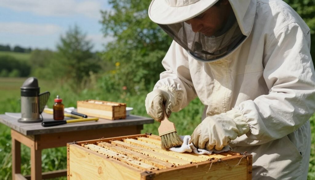 A serene outdoor scene depicting a beekeeper in a protective suit, carefully cleaning wooden beekeeping equipment. In the foreground, the beekeeper is using a brush and cloth to scrub a hive, holding the tools meticulously. The middle ground features various pieces of equipment, such as frames, smokers, and tools, arranged neatly on a wooden table. In the background, lush greenery and a clear blue sky provide a calming backdrop, suggesting a safe and hygienic environment. The lighting is natural, casting soft shadows that enhance the peaceful atmosphere, while the angle is slightly elevated to capture both the beekeeper's focused expression and the organized equipment layout. Overall, the image conveys a sense of diligence and care in the process of cleaning and maintaining beekeeping tools. A serene outdoor scene depicting a beekeeper in a protective suit, carefully cleaning wooden beekeeping equipment. In the foreground, the beekeeper is using a brush and cloth to scrub a hive, holding the tools meticulously. The middle ground features various pieces of equipment, such as frames, smokers, and tools, arranged neatly on a wooden table. In the background, lush greenery and a clear blue sky provide a calming backdrop, suggesting a safe and hygienic environment. The lighting is natural, casting soft shadows that enhance the peaceful atmosphere, while the angle is slightly elevated to capture both the beekeeper's focused expression and the organized equipment layout. Overall, the image conveys a sense of diligence and care in the process of cleaning and maintaining beekeeping tools.