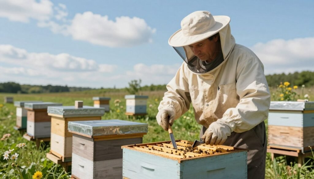 A serene outdoor scene depicting a beekeeper in professional attire carefully preparing a bee hive environment. In the foreground, the beekeeper, a middle-aged person with focused expression, is seen adjusting a hive box surrounded by tools like a smoker and a hive tool. The middle ground features several well-arranged hives placed on a grassy area, with flowering plants nearby to attract bees. In the background, a clear blue sky with fluffy white clouds creates a calm atmosphere, while soft sunlight casts gentle shadows. The scene evokes a sense of harmony with nature, emphasizing safety and care in bee management. The overall composition highlights a peaceful, caring approach to setting up the hive environment.