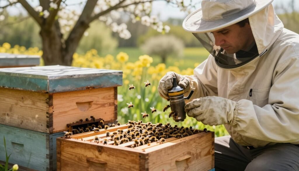 A serene outdoor scene depicting a beekeeper in professional attire, observing a bee colony in a wooden hive. The foreground features the beekeeper, kneeling cautiously beside the hive, equipped with a smoker and inspection tools, displaying an intense focus on the bees. In the middle ground, bees buzz harmoniously around the hive entrance, some engaging with the queen bee that has just been introduced, depicted with a distinct crown-like appearance. In the background, a sunlit landscape showcases blooming flowers, creating a vibrant ambiance, while soft natural light filters through trees, casting gentle shadows. The overall atmosphere conveys a sense of calm and careful observation, emphasizing the importance of monitoring bee reactions to the new queen. The angle conveys a close-up view that highlights the beekeeper's dedication to ensuring colony acceptance.