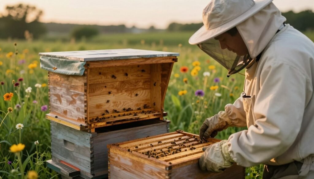A serene outdoor scene depicting a beekeeper performing maintenance on an anti-ant moat hive stand. In the foreground, the beekeeper, dressed in professional attire with a protective beekeeping hat and veil, inspects the hive with a gentle hand. In the middle ground, the hive stand features an elegant design with a visible moat around its base, showcasing its functionality. The background consists of lush greenery and colorful wildflowers under a soft golden hour light, creating a warm and inviting atmosphere. The shot is taken at a slight low angle, highlighting the hive's intricate details while emphasizing the importance of maintenance in keeping bees safe. The overall mood is peaceful and productive, illustrating a harmonious relationship between the beekeeper and nature.