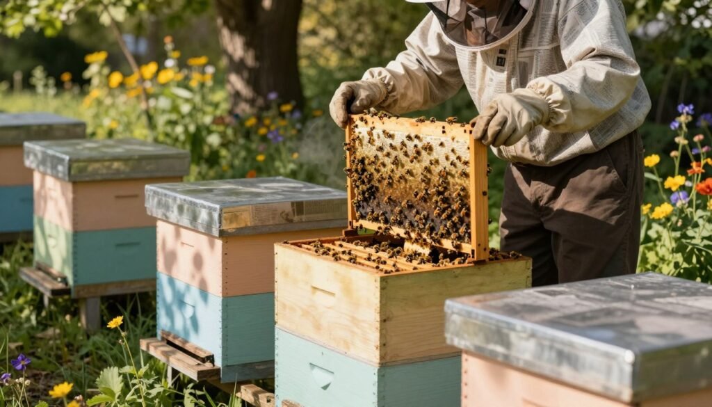 A serene outdoor scene depicting a beekeeping setup with newspaper combine hives. In the foreground, several wooden hives painted in soft pastel colors are nestled together, their entrances buzzing with activity from bees. The middle ground features a beekeeper in modest casual clothing, carefully inspecting one of the hives, using a smoker to calm the bees. Natural sunlight casts warm, golden rays through surrounding trees, creating dappled shadows on the ground. The background showcases a lush garden filled with blooming wildflowers, adding vibrant colors to the setting. The mood is tranquil and harmonious, inviting viewers to appreciate the intricate balance of nature and beekeeping practices.