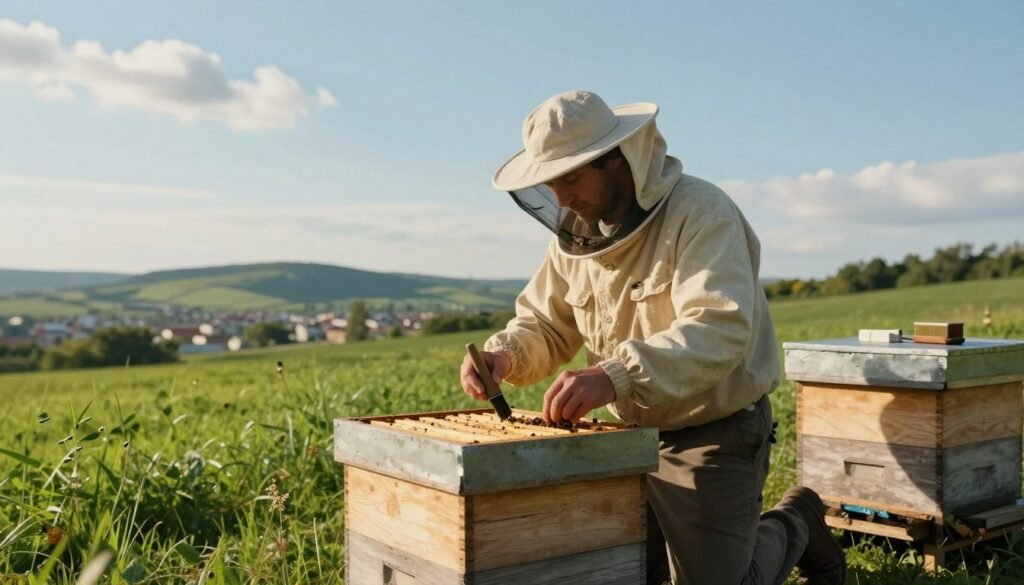 A serene outdoor scene depicting a professional beekeeper in modest casual attire, carefully inspecting a beehive on a migratory journey. In the foreground, show the beekeeper kneeling beside a well-maintained wooden hive, equipped with necessary tools like a smoker and bee brush. The middle ground should illustrate a landscape transitioning from a lush green field to a more urban setting, symbolizing the relocation process. The background features distant rolling hills and a clear blue sky, bathed in warm sunlight filtering through a few fluffy clouds, casting soft shadows. Convey a mood of tranquility and responsibility, highlighting the importance of managing environmental risks as the beekeeper strives to maintain bee health during relocation. Use soft lighting and a wide-angle perspective to create an inviting atmosphere.