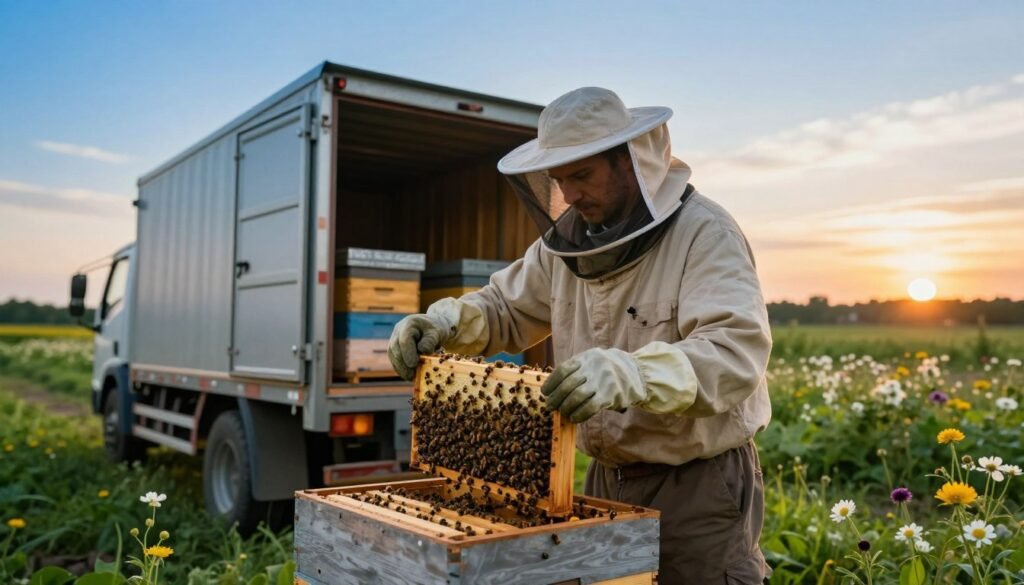 A serene outdoor scene depicting a professional beekeeper in modest work attire carefully inspecting a transport truck loaded with hives. In the foreground, focus on the beekeeper, wearing a protective veil and gloves, gently opening a hive to monitor the bees’ health during transit. The middle ground features the truck, designed for safe bee transport, surrounded by lush greenery and blooming flowers symbolizing a healthy environment. In the background, a calm blue sky transitions to a warm sunset, conveying a sense of peace and care. The lighting is soft and warm, emphasizing the importance of reflection and harmony in the transport process. Overall, the mood is tranquil and focused, highlighting the efforts to minimize stress and mortality in migrating bee populations.