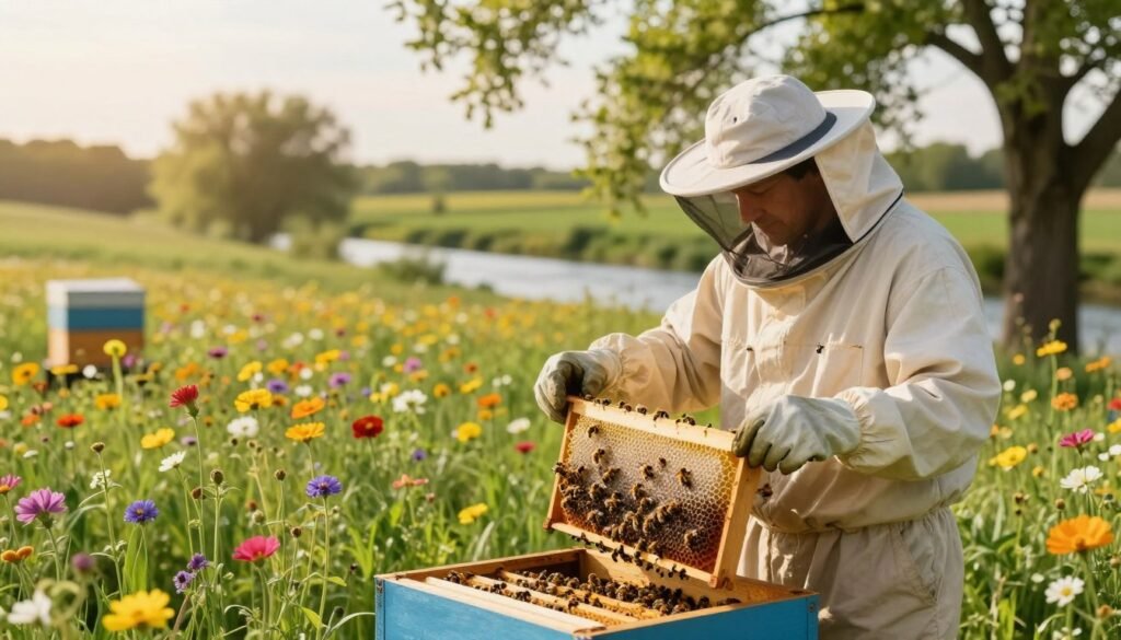 A serene outdoor scene depicting a professional beekeeper inspecting a vibrant bee colony surrounded by blooming wildflowers. In the foreground, the beekeeper, wearing a protective suit and gloves, is carefully examining a frame of honeycomb filled with busy bees. The middle ground features lush green meadows dotted with colorful flowers, symbolizing the importance of pollination. In the background, there are rows of trees and a tranquil river, representing the inland marine aspect of coverage. Soft, golden sunlight filters through the branches, creating a warm and inviting atmosphere, with a shallow depth of field that emphasizes the beekeeper and the bees. The scene is peaceful yet informative, illustrating the importance of specialized insurance in protecting agricultural assets.