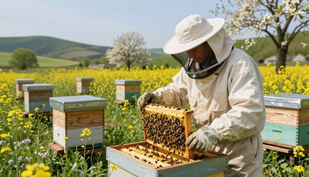 A serene outdoor scene depicting a professional beekeeper, wearing a full bee suit and gloves, managing beehive colonies in a lush spring landscape. In the foreground, the beekeeper is carefully inspecting a vibrant yellow and black bee colony, with bees actively pollinating nearby flowers. The middle ground features several well-organized beehives surrounded by blooming wildflowers, creating a colorful and inviting atmosphere. In the background, gently rolling hills and a clear blue sky emphasize the tranquility of the spring season. Use soft, natural lighting to highlight the bees and flowers, creating a warm, welcoming mood. The angle should be slightly elevated, capturing the broad view of the entire scene.