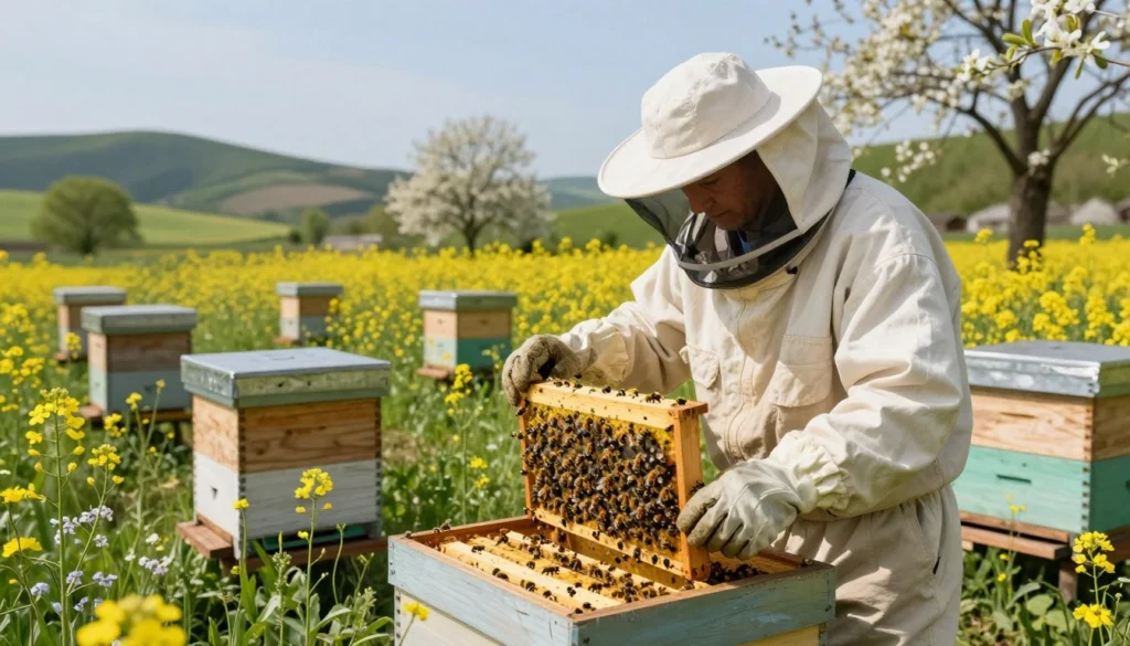 A professional beekeeper, wearing a full bee suit and gloves, managing beehive colonies