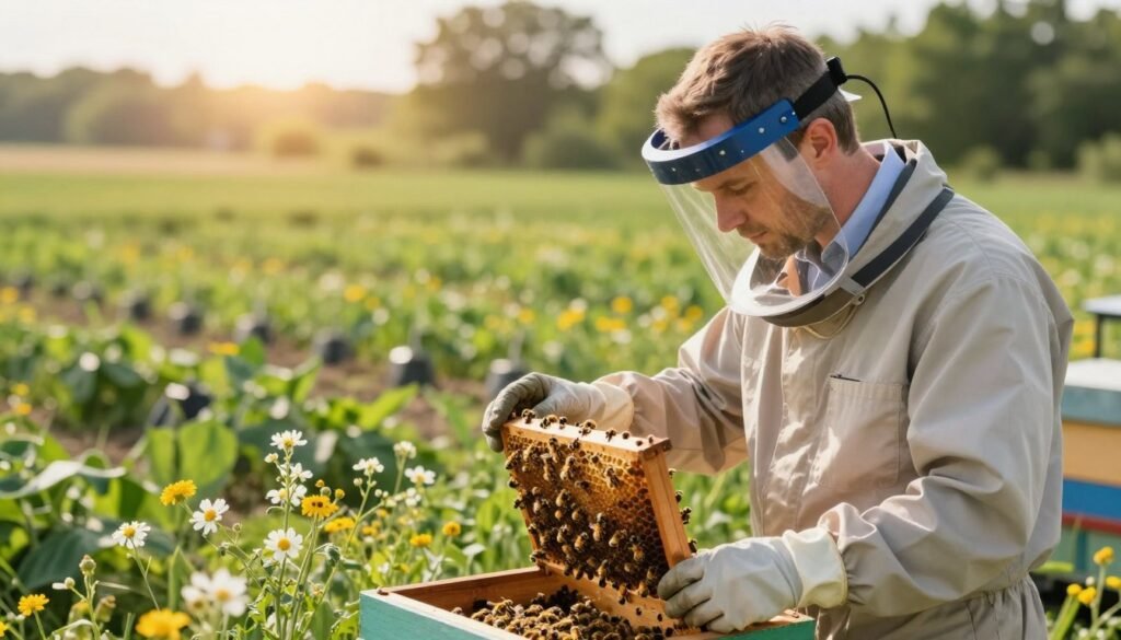 A serene outdoor scene depicting a professional male entomologist in business attire, carefully examining a hive of honeybees surrounded by blooming wildflowers. In the foreground, he wears protective gloves and a face shield while monitoring the bees’ activity, ensuring they remain healthy amidst land used for agriculture. The middle ground features lush green fields dotted with pesticide-free crops, illustrating safe practices for pollination. In the background, soft sunlight filters through the trees, casting a warm glow, creating an atmosphere of harmony and safety. Shallow depth of field focuses on the beekeeper and bees, while the overall composition communicates a conscientiousness towards chemical safety and ecological balance. A serene outdoor scene depicting a professional male entomologist in business attire, carefully examining a hive of honeybees surrounded by blooming wildflowers. In the foreground, he wears protective gloves and a face shield while monitoring the bees’ activity, ensuring they remain healthy amidst land used for agriculture. The middle ground features lush green fields dotted with pesticide-free crops, illustrating safe practices for pollination. In the background, soft sunlight filters through the trees, casting a warm glow, creating an atmosphere of harmony and safety. Shallow depth of field focuses on the beekeeper and bees, while the overall composition communicates a conscientiousness towards chemical safety and ecological balance.