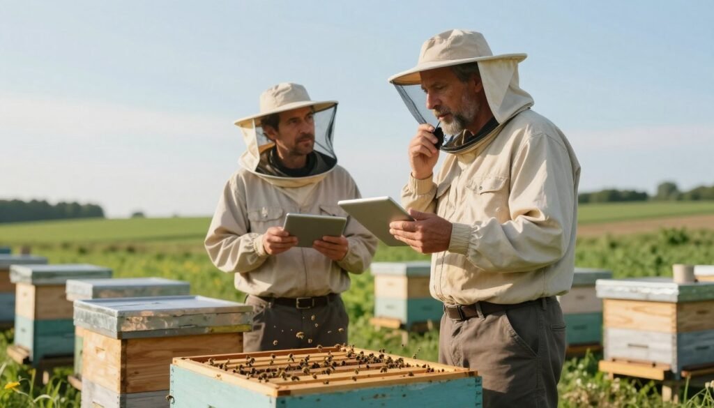 A serene outdoor scene depicting a professional, middle-aged beekeeper in modest casual attire, standing in front of an apiary. The foreground features various beehives with bees actively buzzing around. In the middle ground, the beekeeper is engaging in a conversation with a colleague, both displaying thoughtful expressions and holding communication devices like tablets or phones, conveying a collaborative effort to discuss pesticide management. The background includes lush green fields and a clear blue sky, enhancing the tranquil atmosphere. Soft, natural lighting casts gentle shadows, creating a warm and inviting mood. The angle captures the interaction between the beekeeper and their colleague from a slightly elevated perspective, emphasizing the importance of communication in managing apiary relationships.