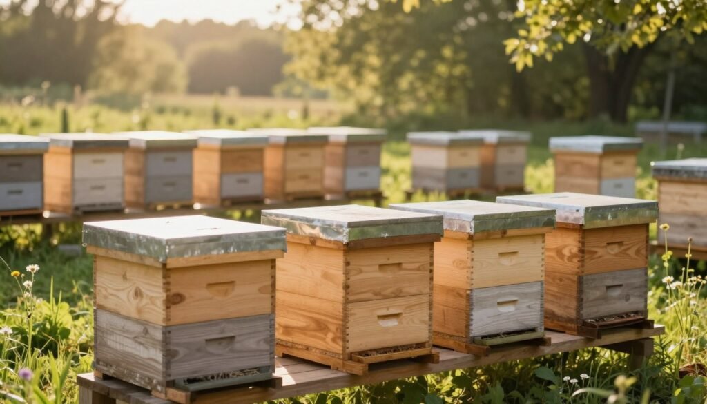 A serene outdoor scene depicting a row of wooden beehives in the process of drying and storage. In the foreground, three wooden hives are placed on a raised wooden platform, their surfaces smooth and sunlit, emphasizing the fresh, clean wood. In the middle ground, additional hives are neatly stacked, showcasing organized drying practices, surrounded by green grass and wildflowers. The background features a soft focus of trees, with gentle sunlight filtering through the leaves, creating a warm and inviting atmosphere. The image should be shot from a slightly low angle to give prominence to the hives and capture the beauty of nature in the setting. The mood is peaceful and industrious, reflecting proper hygiene and care in beekeeping practices. Ensure the scene is free from any human presence or distractions. A serene outdoor scene depicting a row of wooden beehives in the process of drying and storage. In the foreground, three wooden hives are placed on a raised wooden platform, their surfaces smooth and sunlit, emphasizing the fresh, clean wood. In the middle ground, additional hives are neatly stacked, showcasing organized drying practices, surrounded by green grass and wildflowers. The background features a soft focus of trees, with gentle sunlight filtering through the leaves, creating a warm and inviting atmosphere. The image should be shot from a slightly low angle to give prominence to the hives and capture the beauty of nature in the setting. The mood is peaceful and industrious, reflecting proper hygiene and care in beekeeping practices. Ensure the scene is free from any human presence or distractions.