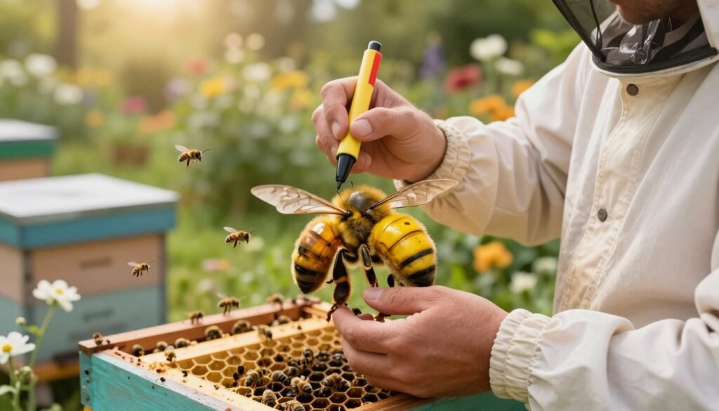 A serene outdoor scene depicting a skilled beekeeper in professional attire, gently holding a queen bee while using a vibrant marking pen. In the foreground, focus on the beekeeper's steady hands, showcasing the delicate queen bee with a pronounced, glossy body in a lively shade of yellow, marked on the thorax. The middle ground features a visually rich beehive with bees flying around, highlighting the importance of this process. In the background, a lush garden with blooming flowers and soft sunlight filters through the leaves, creating a warm, inviting atmosphere. The image is captured from a slightly elevated angle, emphasizing both the beekeeper’s careful method and the rich detail of the setting. The overall mood is calm and educational, illustrating the safety and precision required in marking a queen bee.