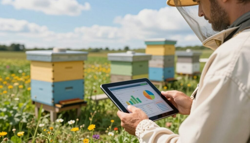 A serene outdoor scene depicting a small apiary setup, showcasing a beekeeper in professional business attire using a tablet to monitor beekeeping data. In the foreground, close-up of the beekeeper’s hands interacting with the tablet, displaying vibrant charts and analytics. The middle layer features several beehives in varied colors, surrounded by wildflowers and greenery, illustrating a healthy ecosystem. The background presents a bright blue sky scattered with fluffy white clouds, hinting at a sunny day. Soft, diffused sunlight gives a warm glow, enhancing the atmosphere of productivity and modernity, while emphasizing the blend of nature and technology in apiary management. Capture a sense of innovation and efficiency in beekeeping practices, highlighting how digital tools facilitate streamlined operations. A serene outdoor scene depicting a small apiary setup, showcasing a beekeeper in professional business attire using a tablet to monitor beekeeping data. In the foreground, close-up of the beekeeper’s hands interacting with the tablet, displaying vibrant charts and analytics. The middle layer features several beehives in varied colors, surrounded by wildflowers and greenery, illustrating a healthy ecosystem. The background presents a bright blue sky scattered with fluffy white clouds, hinting at a sunny day. Soft, diffused sunlight gives a warm glow, enhancing the atmosphere of productivity and modernity, while emphasizing the blend of nature and technology in apiary management. Capture a sense of innovation and efficiency in beekeeping practices, highlighting how digital tools facilitate streamlined operations.