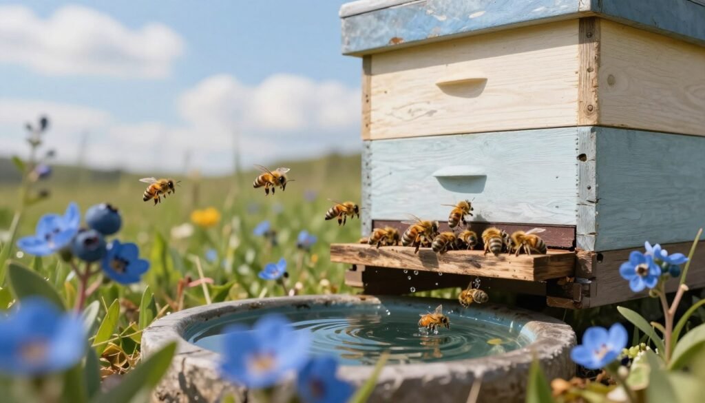 A serene outdoor scene depicting a small, attractive water source carefully placed near a beehive, emphasizing the importance of hydration for bees. In the foreground, vibrant blue flowers, particularly blueberries, bloom around the water source, adding color and attracting pollinators. The middle ground features a well-maintained beehive, with bees buzzing around, showcasing their industrious nature. In the background, a sunny sky with a few fluffy clouds casts a warm, inviting light over the scene. The image should be captured from a low angle, highlighting the details of the bees and flowers while giving a sense of depth to the hive and water. The atmosphere is peaceful and harmonious, emphasizing the interconnectedness of plants and pollinators in a thriving ecosystem. A serene outdoor scene depicting a small, attractive water source carefully placed near a beehive, emphasizing the importance of hydration for bees. In the foreground, vibrant blue flowers, particularly blueberries, bloom around the water source, adding color and attracting pollinators. The middle ground features a well-maintained beehive, with bees buzzing around, showcasing their industrious nature. In the background, a sunny sky with a few fluffy clouds casts a warm, inviting light over the scene. The image should be captured from a low angle, highlighting the details of the bees and flowers while giving a sense of depth to the hive and water. The atmosphere is peaceful and harmonious, emphasizing the interconnectedness of plants and pollinators in a thriving ecosystem.