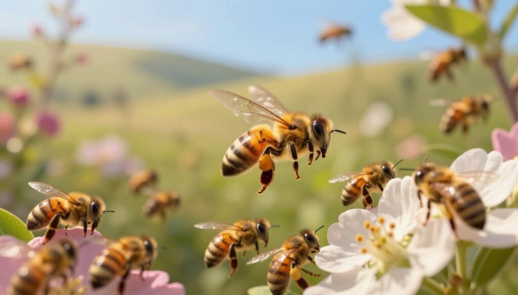 A serene outdoor scene depicting a vibrant floral environment buzzing with life, focusing on a queen bee in mid-mating flight. In the foreground, the queen bee, with a large golden abdomen, and delicate translucent wings, is surrounded by a cluster of worker bees, their bodies shimmering in the sunlight. The middle ground features blooming flowers in various colors, attracting more bees, while soft green leaves frame the scene. In the background, gentle rolling hills under a clear blue sky hint at seasonal changes, suggesting warm, clear weather ideal for bee mating. The soft, warm lighting casts a golden hue over the entire scene, creating a lively and hopeful atmosphere, emphasizing the importance of weather in bee reproduction.
