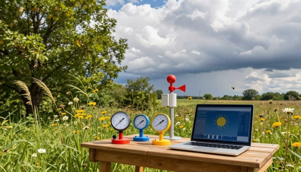 A serene outdoor scene depicting a weather monitoring station amid a lush green landscape. In the foreground, an array of colorful meteorological instruments, including an anemometer and barometer, is set on a sturdy wooden table, with a laptop displaying real-time weather data. In the middle ground, lush trees and wildflowers sway gently in the breeze, while bees can be seen buzzing nearby, some resting on the flowers. The background features a dramatic sky, with white fluffy clouds transitioning to darker stormy hues, hinting at impending weather changes. Warm sunlight filters through the leaves, casting soft shadows. Capture this scene with a wide-angle lens for depth, emphasizing the contrast between nature and technology. The mood should evoke curiosity and tranquility, highlighting the importance of monitoring weather patterns for beekeeping.