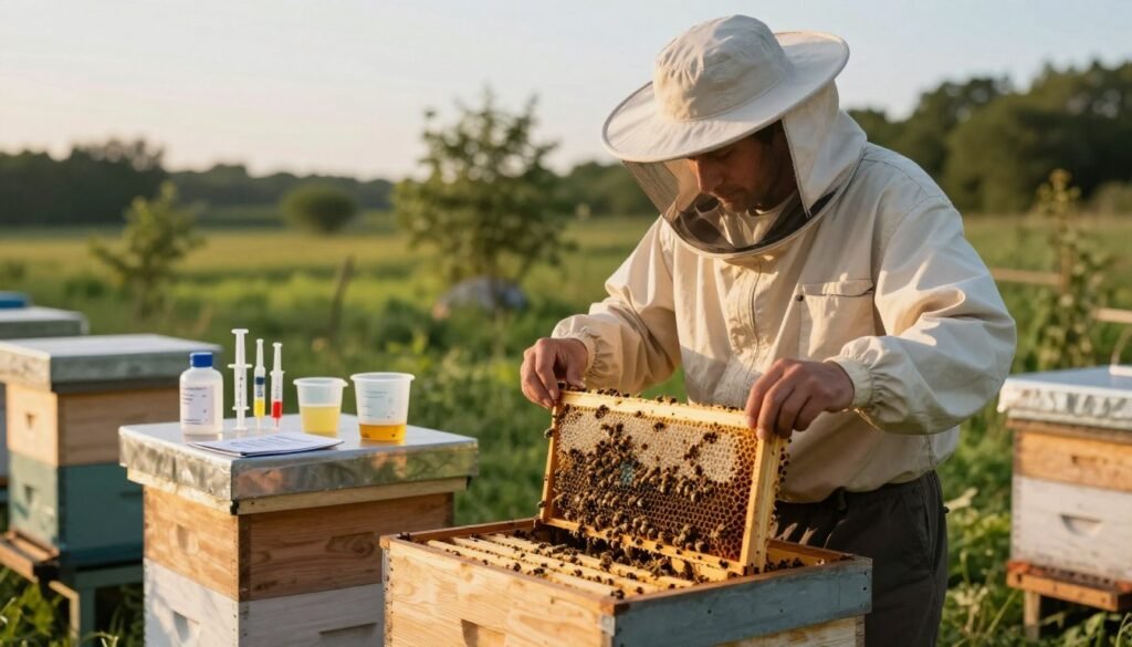 A serene outdoor scene depicting a well-maintained apiary during the late afternoon golden hour. In the foreground, a beekeeper in professional attire is inspecting a beehive, closely examining frames filled with healthy bees and honeycomb. The middle ground features a table with testing equipment and treatment supplies neatly organized, such as syringes, measuring cups, and pamphlets about Varroa mite testing. In the background, a lush landscape fades into soft, blurred trees under a clear sky. The warm lighting casts gentle shadows, creating a calm yet focused atmosphere, highlighting the importance of integrating testing with treatment schedules for bee health. The angle captures both the beekeeper's concentrated expression and the natural beauty surrounding the apiary.